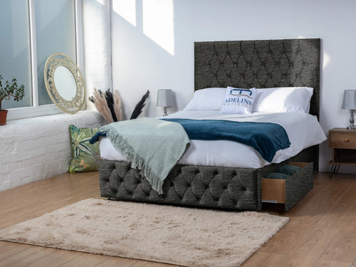 Bedford Button-Tufted Divan Bed Set with Storage Drawers, Floor Standing Headboard & Footboard