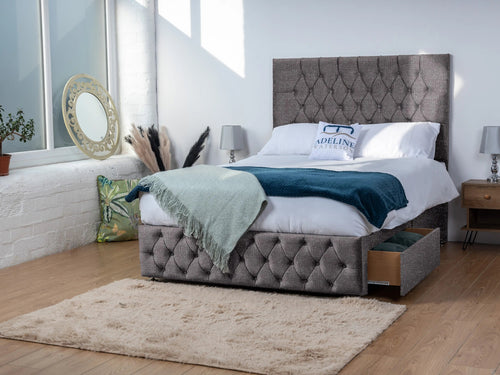 Bedford Button-Tufted Divan Bed Set with Storage Drawers, Floor Standing Headboard & Footboard