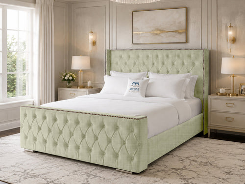 Belmont Wing Stud Tufted Upholstered Bed Set with Floor Standing Headboard, Footboard & Storage Upgrade Option