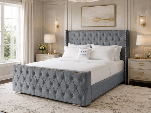 Belmont Wing Stud Tufted Upholstered Bed Set with Floor Standing Headboard, Footboard & Storage Upgrade Option