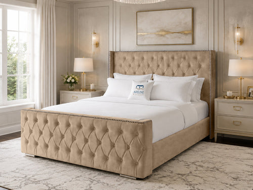 Belmont Wing Stud Tufted Upholstered Bed Set with Floor Standing Headboard, Footboard & Storage Upgrade Option