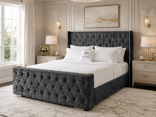 Belmont Wing Stud Tufted Upholstered Bed Set with Floor Standing Headboard, Footboard & Storage Upgrade Option