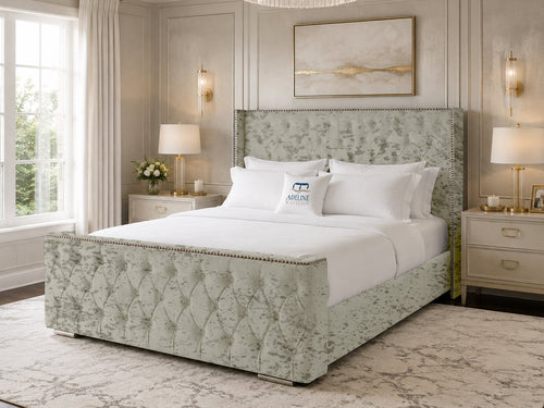 Belmont Wing Stud Tufted Upholstered Bed Set with Floor Standing Headboard, Footboard & Storage Upgrade Option