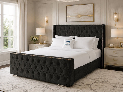 Belmont Wing Stud Tufted Upholstered Bed Set with Floor Standing Headboard, Footboard & Storage Upgrade Option