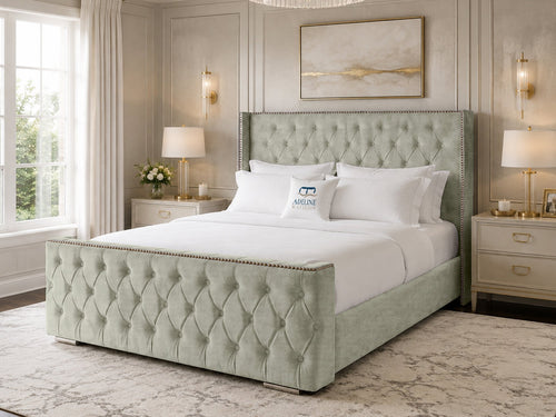 Belmont Wing Stud Tufted Upholstered Bed Set with Floor Standing Headboard, Footboard & Storage Upgrade Option