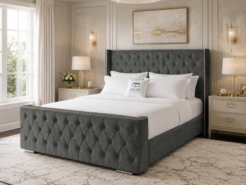 Belmont Wing Stud Tufted Upholstered Bed Set with Floor Standing Headboard, Footboard & Storage Upgrade Option