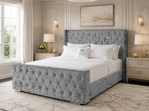 Belmont Wing Stud Tufted Upholstered Bed Set with Floor Standing Headboard, Footboard & Storage Upgrade Option