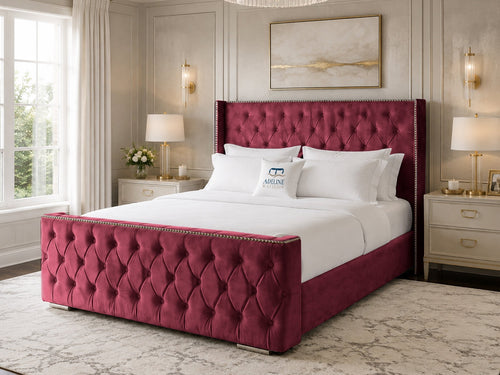 Belmont Wing Stud Tufted Upholstered Bed Set with Floor Standing Headboard, Footboard & Storage Upgrade Option