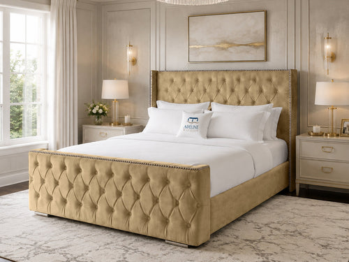 Belmont Wing Stud Tufted Upholstered Bed Set with Floor Standing Headboard, Footboard & Storage Upgrade Option