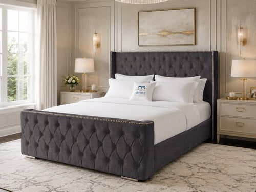 Belmont Wing Stud Tufted Upholstered Bed Set with Floor Standing Headboard, Footboard & Storage Upgrade Option