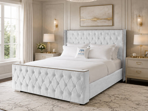 Belmont Wing Stud Tufted Upholstered Bed Set with Floor Standing Headboard, Footboard & Storage Upgrade Option