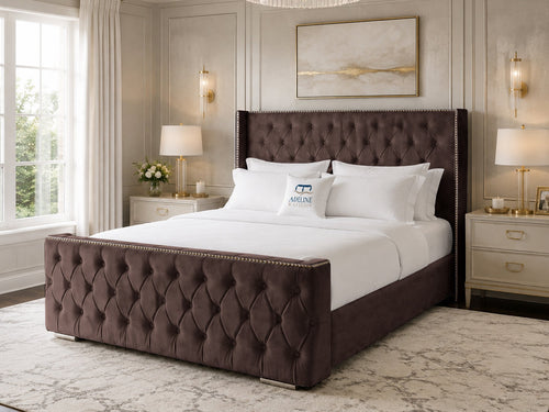 Belmont Wing Stud Tufted Upholstered Bed Set with Floor Standing Headboard, Footboard & Storage Upgrade Option