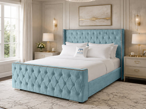 Belmont Wing Stud Tufted Upholstered Bed Set with Floor Standing Headboard, Footboard & Storage Upgrade Option