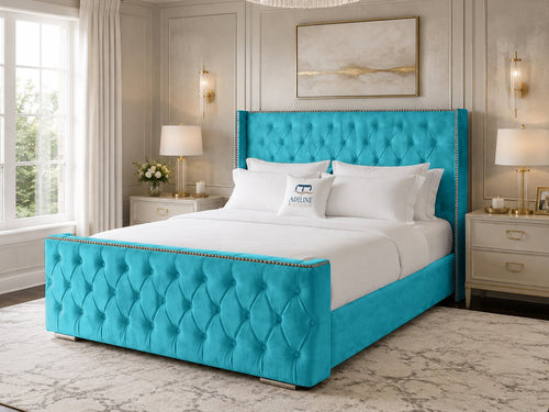 Belmont Wing Stud Tufted Upholstered Bed Set with Floor Standing Headboard, Footboard & Storage Upgrade Option