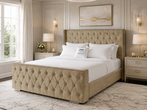 Belmont Wing Stud Tufted Upholstered Bed Set with Floor Standing Headboard, Footboard & Storage Upgrade Option