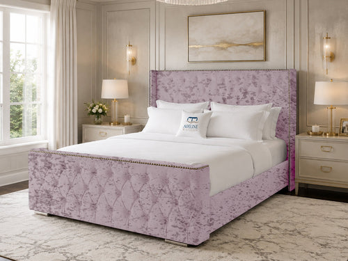 Belmont Wing Stud Tufted Upholstered Bed Set with Floor Standing Headboard, Footboard & Storage Upgrade Option