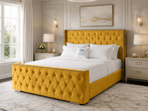 Belmont Wing Stud Tufted Upholstered Bed Set with Floor Standing Headboard, Footboard & Storage Upgrade Option