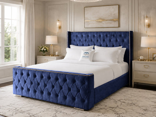 Belmont Wing Stud Tufted Upholstered Bed Set with Floor Standing Headboard, Footboard & Storage Upgrade Option