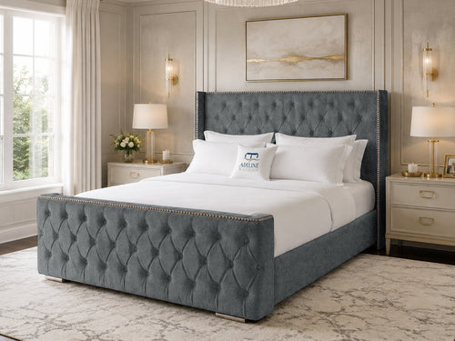 Belmont Wing Stud Tufted Upholstered Bed Set with Floor Standing Headboard, Footboard & Storage Upgrade Option