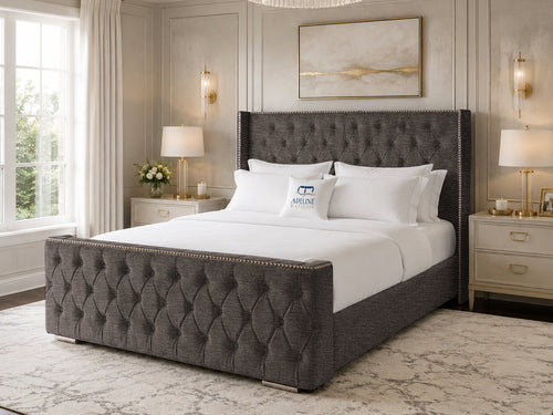 Belmont Wing Stud Tufted Upholstered Bed Set with Floor Standing Headboard, Footboard & Storage Upgrade Option