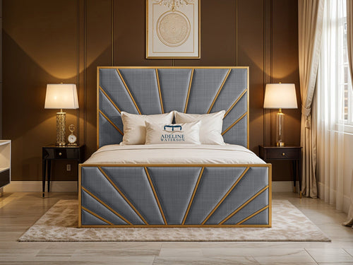 Bostan Gold Sunburst Panel Upholstered Bed Set with Floor Standing Headboard, Footboard & Storage Upgrade Option