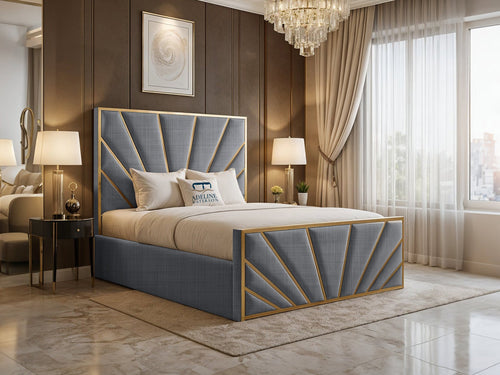 Bostan Gold Sunburst Panel Upholstered Bed Set with Floor Standing Headboard, Footboard & Storage Upgrade Option