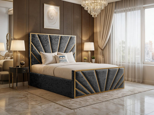 Bostan Gold Sunburst Panel Upholstered Bed Set with Floor Standing Headboard, Footboard & Storage Upgrade Option