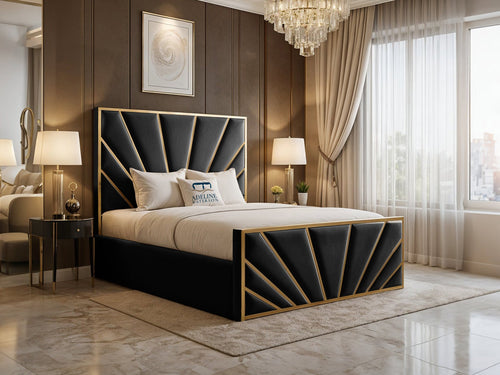 Bostan Gold Sunburst Panel Upholstered Bed Set with Floor Standing Headboard, Footboard & Storage Upgrade Option