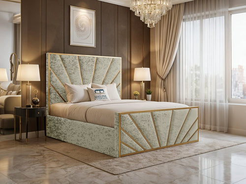 Bostan Gold Sunburst Panel Upholstered Bed Set with Floor Standing Headboard, Footboard & Storage Upgrade Option