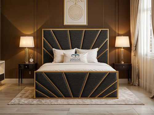 Bostan Gold Sunburst Panel Upholstered Bed Set with Floor Standing Headboard, Footboard & Storage Upgrade Option