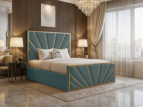 Bostan Gold Sunburst Panel Upholstered Bed Set with Floor Standing Headboard, Footboard & Storage Upgrade Option
