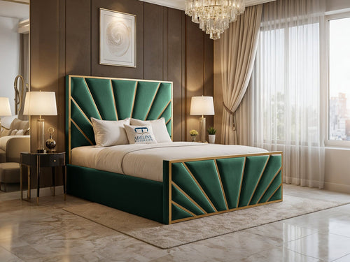 Bostan Gold Sunburst Panel Upholstered Bed Set with Floor Standing Headboard, Footboard & Storage Upgrade Option