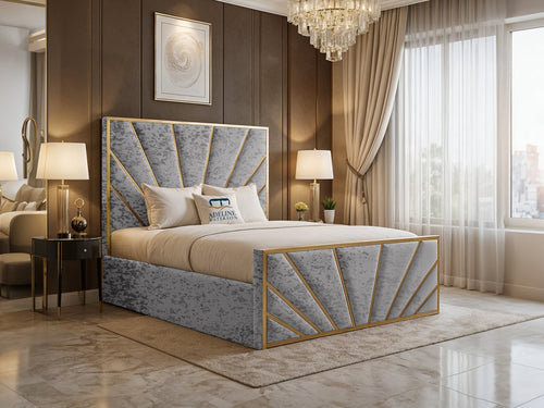 Bostan Gold Sunburst Panel Upholstered Bed Set with Floor Standing Headboard, Footboard & Storage Upgrade Option