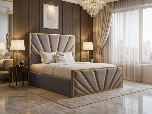 Bostan Gold Sunburst Panel Upholstered Bed Set with Floor Standing Headboard, Footboard & Storage Upgrade Option