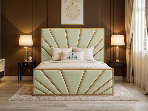 Bostan Gold Sunburst Panel Upholstered Bed Set with Floor Standing Headboard, Footboard & Storage Upgrade Option