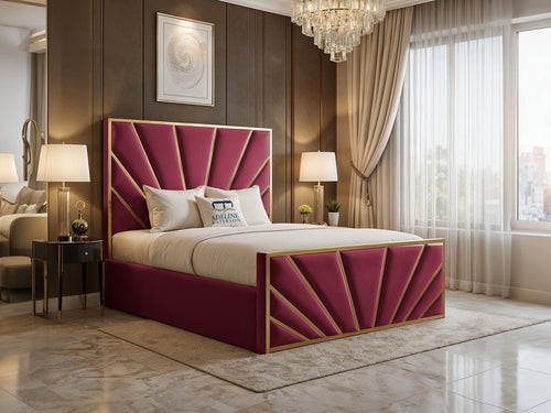 Bostan Gold Sunburst Panel Upholstered Bed Set with Floor Standing Headboard, Footboard & Storage Upgrade Option