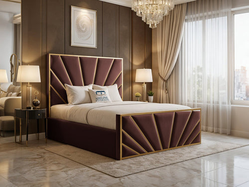 Bostan Gold Sunburst Panel Upholstered Bed Set with Floor Standing Headboard, Footboard & Storage Upgrade Option