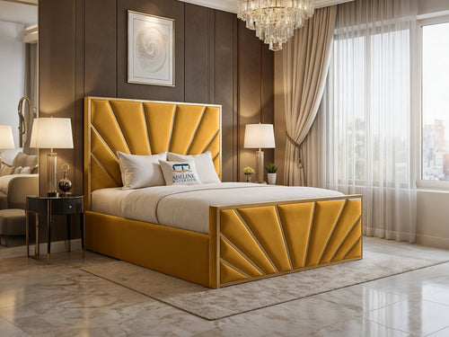 Bostan Gold Sunburst Panel Upholstered Bed Set with Floor Standing Headboard, Footboard & Storage Upgrade Option