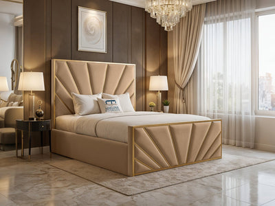 Bostan Gold Sunburst Panel Upholstered Bed Set with Floor Standing Headboard, Footboard & Storage Upgrade Option