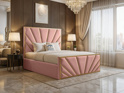 Bostan Gold Sunburst Panel Upholstered Bed Set with Floor Standing Headboard, Footboard & Storage Upgrade Option