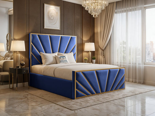 Bostan Gold Sunburst Panel Upholstered Bed Set with Floor Standing Headboard, Footboard & Storage Upgrade Option