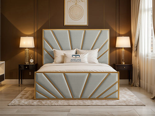Bostan Gold Sunburst Panel Upholstered Bed Set with Floor Standing Headboard, Footboard & Storage Upgrade Option