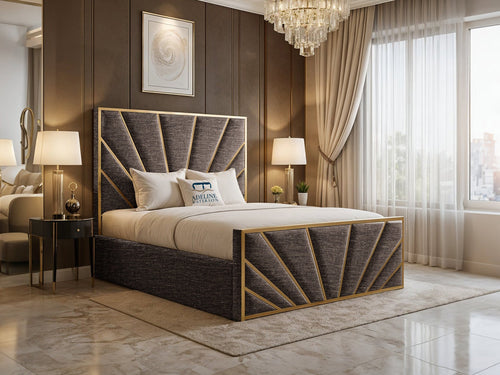Bostan Gold Sunburst Panel Upholstered Bed Set with Floor Standing Headboard, Footboard & Storage Upgrade Option