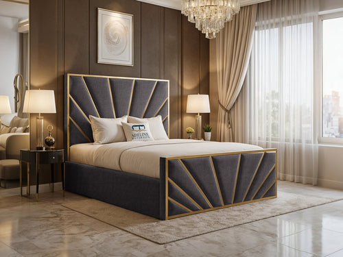 Bostan Gold Sunburst Panel Upholstered Bed Set with Floor Standing Headboard, Footboard & Storage Upgrade Option
