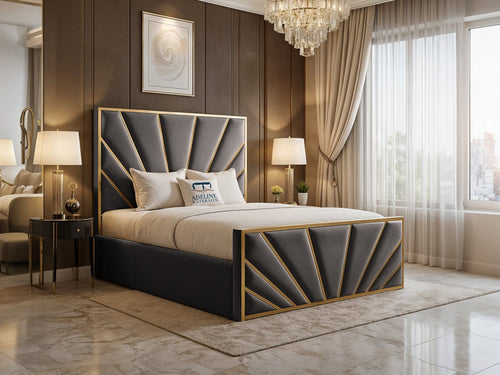 Bostan Gold Sunburst Panel Upholstered Bed Set with Floor Standing Headboard, Footboard & Storage Upgrade Option