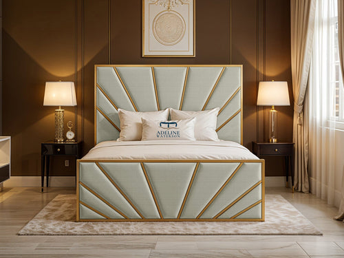 Bostan Gold Sunburst Panel Upholstered Bed Set with Floor Standing Headboard, Footboard & Storage Upgrade Option