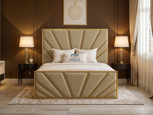 Bostan Gold Sunburst Panel Upholstered Bed Set with Floor Standing Headboard, Footboard & Storage Upgrade Option