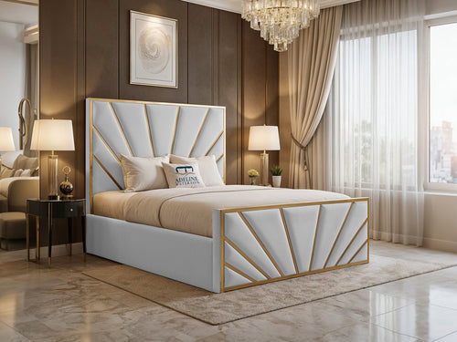 Bostan Gold Sunburst Panel Upholstered Bed Set with Floor Standing Headboard, Footboard & Storage Upgrade Option