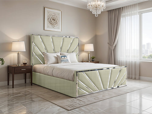 Bostan Silver Sunburst Panel Upholstered Bed Set with Floor Standing Headboard, Footboard & Storage Upgrade Option