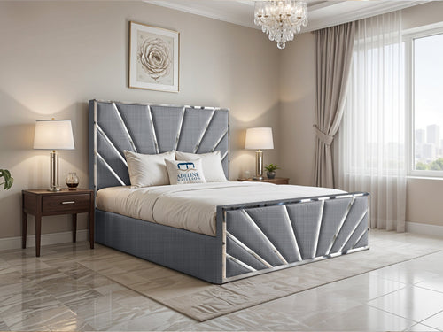 Bostan Silver Sunburst Panel Upholstered Bed Set with Floor Standing Headboard, Footboard & Storage Upgrade Option